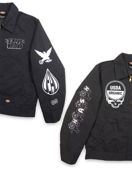 1 OF 1 UPCYCLED "EDISTSEW X ALL MY HATS ARE DEAD" REFLECTIVE DICKIES WORK JACKET BLACK