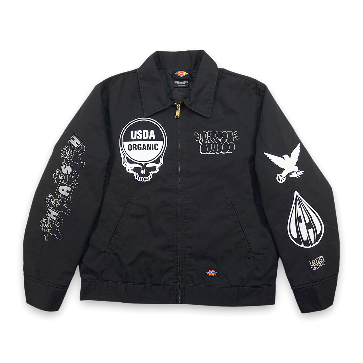 1 OF 1 UPCYCLED "EDISTSEW X ALL MY HATS ARE DEAD" REFLECTIVE DICKIES WORK JACKET BLACK