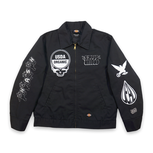 1 OF 1 UPCYCLED "EDISTSEW X ALL MY HATS ARE DEAD" REFLECTIVE DICKIES WORK JACKET BLACK