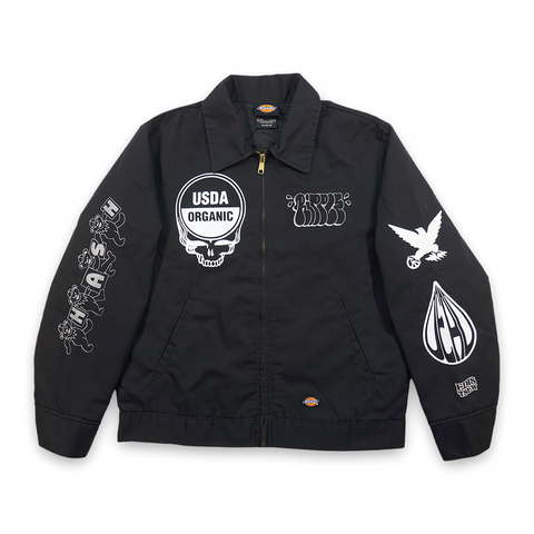 1 OF 1 UPCYCLED "EDISTSEW X ALL MY HATS ARE DEAD" REFLECTIVE DICKIES WORK JACKET BLACK