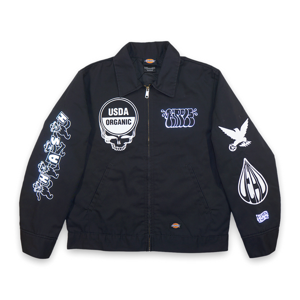 1 OF 1 UPCYCLED "EDISTSEW X ALL MY HATS ARE DEAD" REFLECTIVE DICKIES WORK JACKET BLACK
