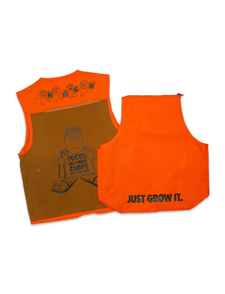 1 OF 1 UPCYCLED VINTAGE HIGH VIS "ORGANIC CROPS" HUNTING VEST