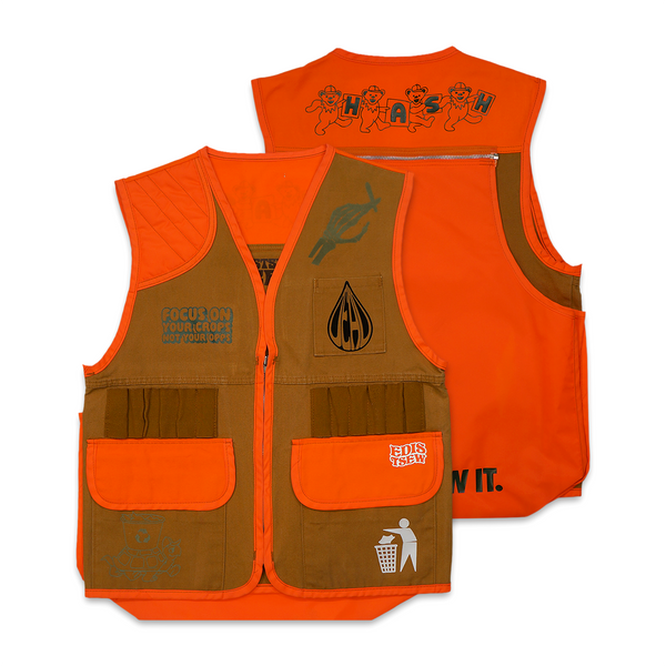 1 OF 1 UPCYCLED VINTAGE HIGH VIS "ORGANIC CROPS" HUNTING VEST