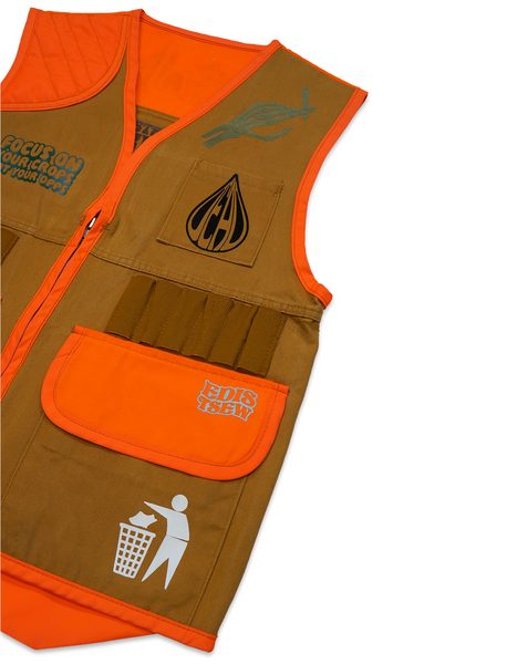 1 OF 1 UPCYCLED VINTAGE HIGH VIS "ORGANIC CROPS" HUNTING VEST