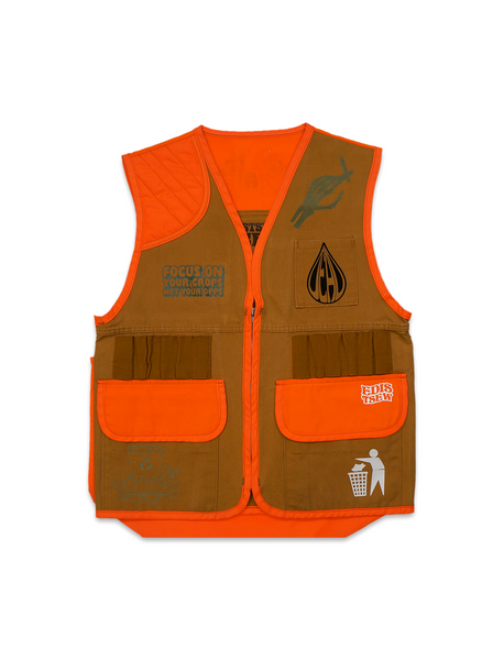 1 OF 1 UPCYCLED VINTAGE HIGH VIS "ORGANIC CROPS" HUNTING VEST