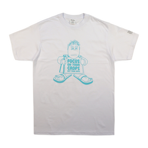 "FOCUS ON YOUR CROPS" SS TEE  "BLUE FLOCK ON WHITE"