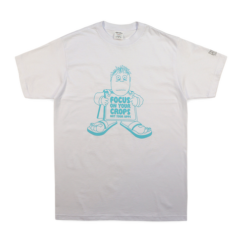 "FOCUS ON YOUR CROPS" SS TEE  "BLUE FLOCK ON WHITE"