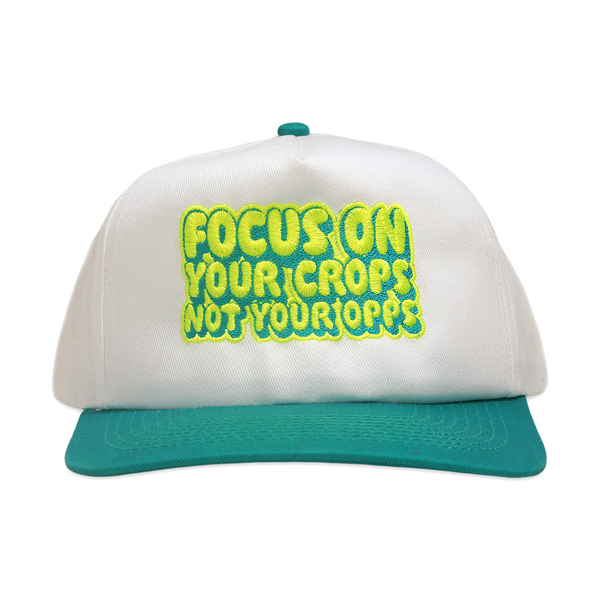 VINTAGE NOS UPCYCLED "FOCUS ON YOUR CROPS" CAP AQUA BLUE & WHITE