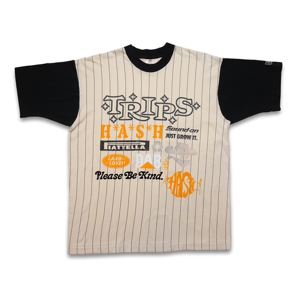 1 OF 1 UPCYCLED VINTAGE BLACK PINSTRIPE RAGLAN "SPONSOR SHIP" TEE