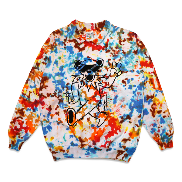1 OF 1 UPCYCLED VINTAGE "PEACE BEAR" TIE DYE LS COLLARED SHIRT