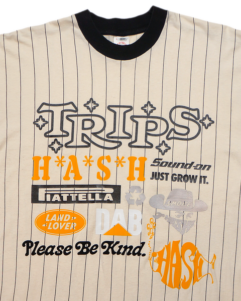 1 OF 1 UPCYCLED VINTAGE BLACK PINSTRIPE RAGLAN "SPONSOR SHIP" TEE