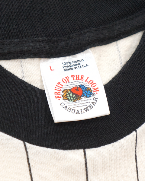 1 OF 1 UPCYCLED VINTAGE BLACK PINSTRIPE RAGLAN "SPONSOR SHIP" TEE